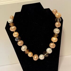 VINTAGE NECKLACE TRICOLOR FAUX GLASS PEARLS BEADS FAUX SMOKY QUARTZ CRYSTAL